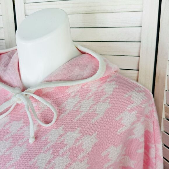 Crown & Ivy Houndstooth Hooded Long Sleeve Poncho Sweater Pink White Large - Picture 5 of 12